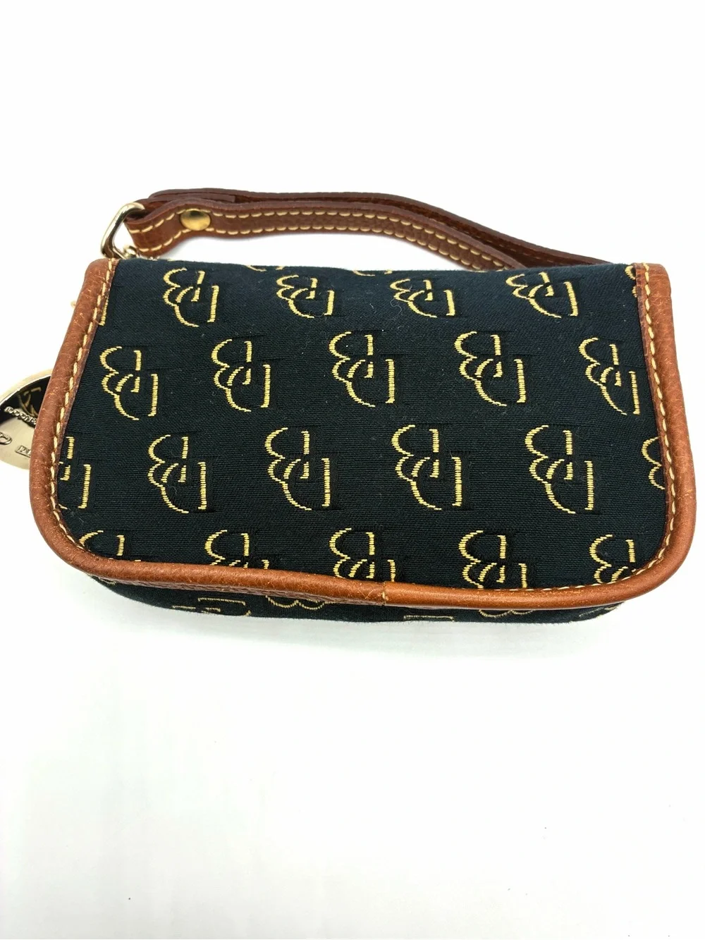 Vintage Dooney & Bourke Navy Tan DB Monogram Wristlet Pouch Blue Duck USA